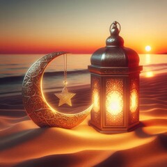 Islamic Lantern and Crescent Moon with Star on Sand at Sunset – Ramadan or Eid