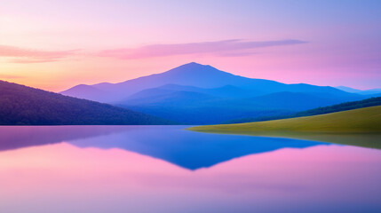 Pastel sunrise mountain reflection on tranquil lakeside scene

