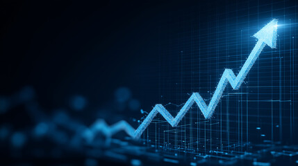 Rising Financial Graph with Upward Arrow, Business Growth, Digital Analytics and Economic Progress Concept in a Futuristic Blue Background for Corporate Strategy and Finance Visualization