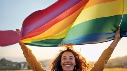 Pride celebrating woman holding large rainbow flag at golden hour, embodying lgbtq plus empowerment, freedom, and unity with radiant joy during sunset landscape - Powered by Adobe