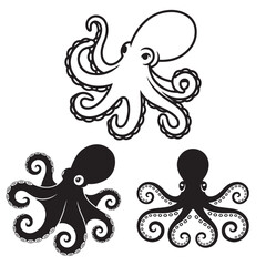 set vector various Black and White Stylized Octopus line art outline silhouettes Illustration