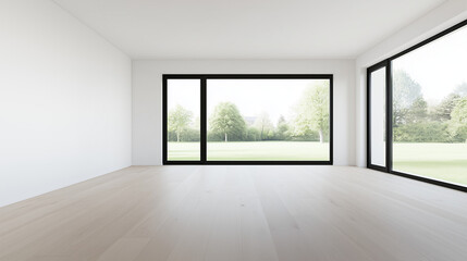 Modern living room with large sliding glass doors overlooking garden
