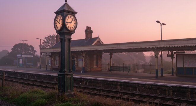 Vintage train station clock tower at dawn