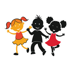Children’s silhouettes joyfully dancing and playing, capturing carefree movement and happiness in a simple, lively scene full of energy and youthful spirit.

