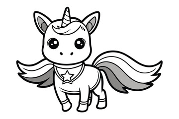 Fototapeta premium Cute Cartoon Unicorn with Star Black and White Illustration