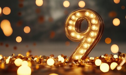 Illuminated Number Nine with Sparkling Lights and Festive Atmosphere