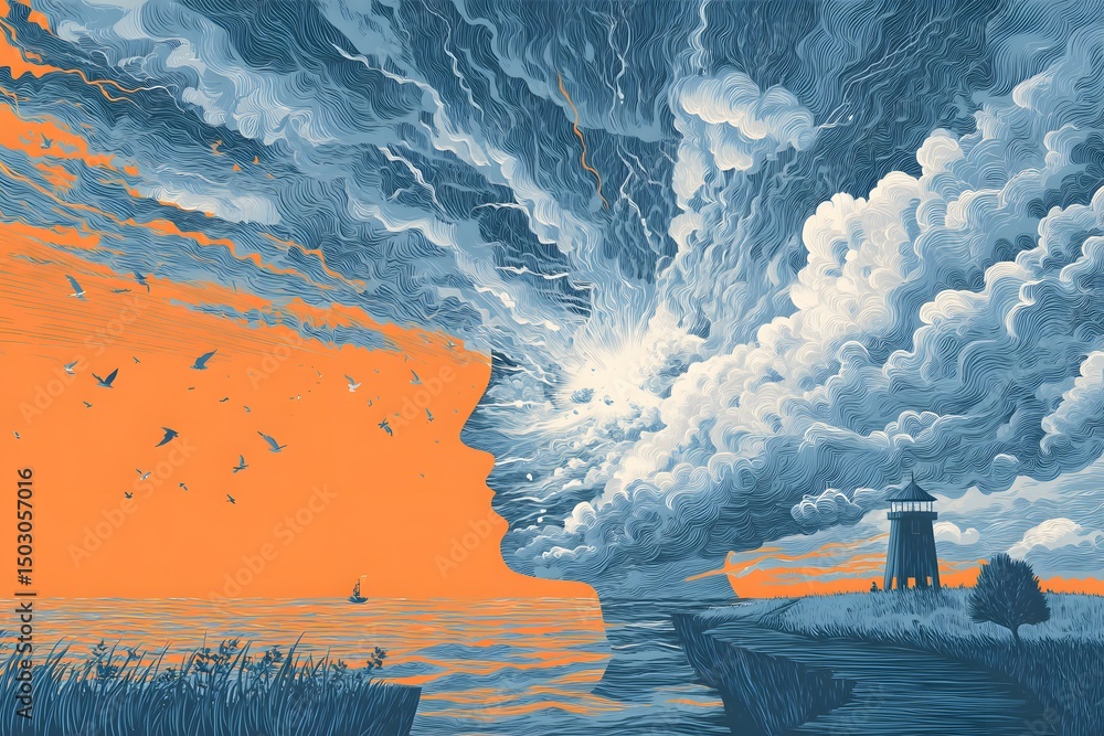 Poster surreal artistic depiction of a mindscape with a profile silhouette and dynamic clouds