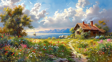 Fototapeta premium Oil painting on canvas summer landscape with wooden old house, beautiful flowers and trees.