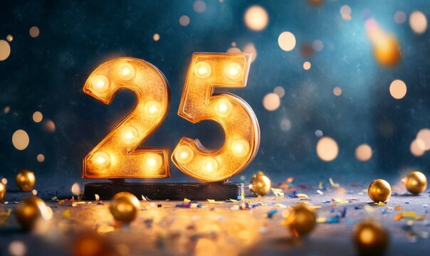 Bright Illuminated Number 25 with Glitter and Colorful Confetti