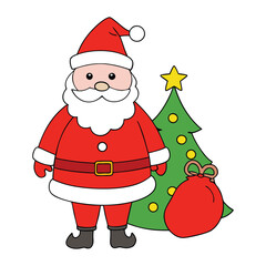 Santa stands joyfully beside a decorated Christmas tree, surrounded by colorful gifts, spreading festive cheer and holiday magic in a warm, joyful winter scene.
