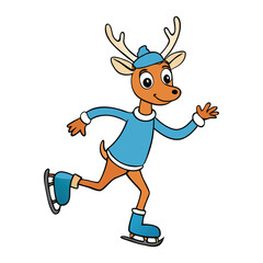 Two reindeer gracefully ice skate side by side on a sparkling frozen lake, their hooves gliding smoothly as they share a joyful, wintry dance under a crisp, clear sky.
