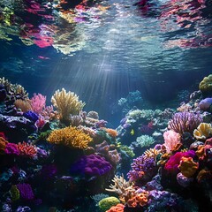 Obraz premium A vibrant coral reef located in the Red Sea, teeming with colorful corals, diverse marine life, and clear blue waters.