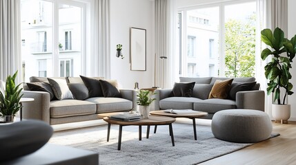 Modern Minimalist Living Room Interior Design with Greenery