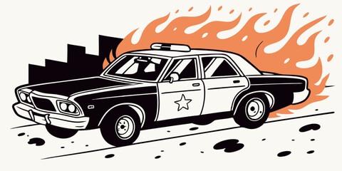 Retro Police Car on Fire, City Background, Illustration © Mohamed