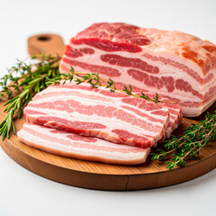 Fototapeta premium Juicy raw belly bacon and herbs on a cut board, set against a clean white background.