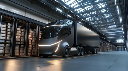 Futuristic Electric Semi-Truck in Modern Warehouse