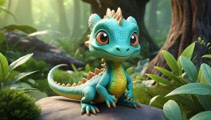 A cartoon baby dragon with big eyes sitting on a rock surrounded by green plants in a forest scene