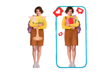 Poster banner creative collage of lady learner post social media study content lie reality have fun party pub with cocktails