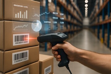 A warehouse worker scans stacked cartons as holographic charts display real-time inventory levels. Concept of data-driven logistics and supply-chain efficiency.