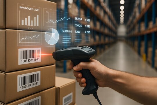 A warehouse worker scans stacked cartons as holographic charts display real-time inventory levels. Concept of data-driven logistics and supply-chain efficiency.