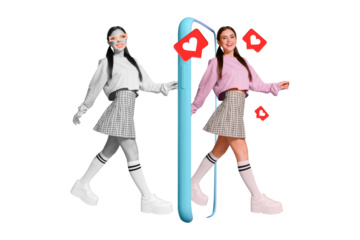 Creative collage poster banner of lady influencer retouch herself using website apps for many like notification on instagram