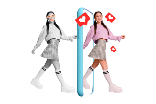 Creative collage poster banner of lady influencer retouch herself using website apps for many like notification on instagram