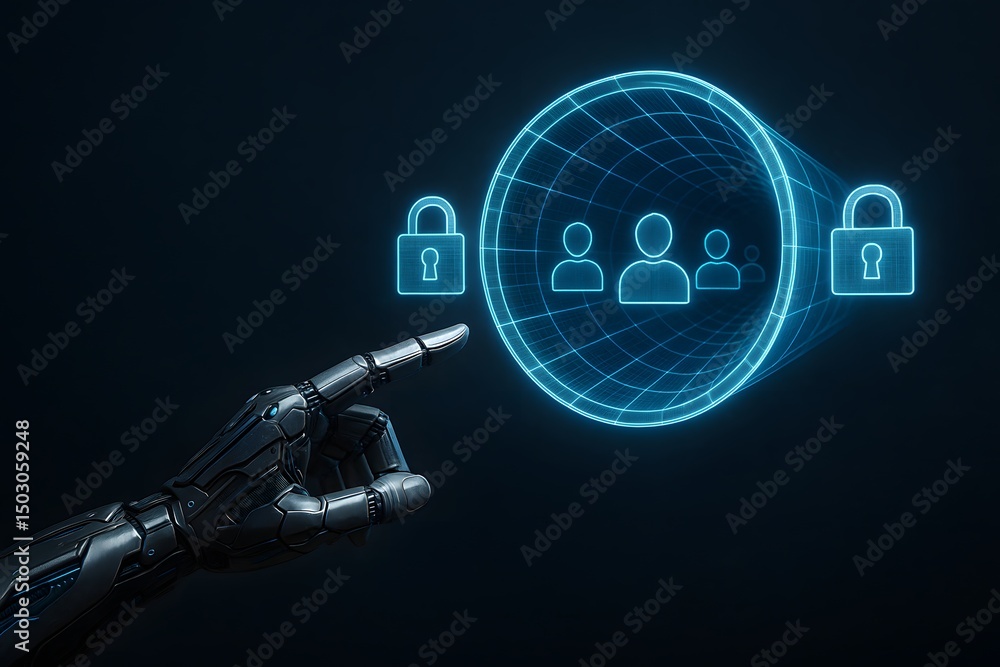 Aufkleber a cybernetic finger touches a glowing tunnel of user icons flanked by padlocks. concept of artificia