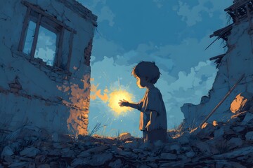 A child holding a glowing orb in a post-apocalyptic setting. The scene evokes themes of hope and resilience. 
