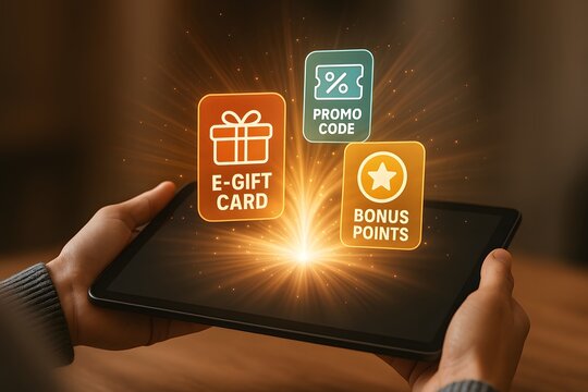 A tablet emits golden rays while icons for e-gift card, promo code, and bonus points rise above. Concept of customer incentive and digital loyalty.