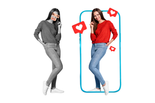 Creative template graphics collage of lady blogger hate her body appearance use retouch application program post beautiful images