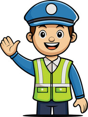 Cartoon Traffic Police Officer Waving – Cute Vector Illustration in Safety Vest and Cap