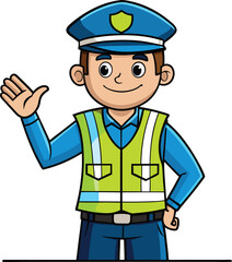 Cartoon Traffic Police Officer Waving &ndash; Cute Vector Illustration in Safety Vest and Cap