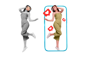 Composite collage image of young female fake social media impression fake content heart icon notification smartphone screen display