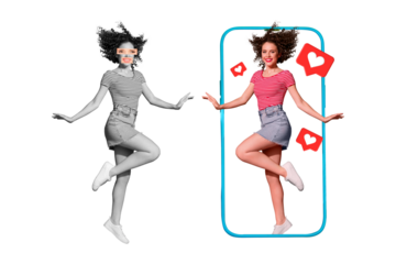 Template creative strange collage of lady influencer post beautiful photos on social network with professional retouch with applications