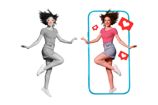 Template creative strange collage of lady influencer post beautiful photos on social network with professional retouch with applications