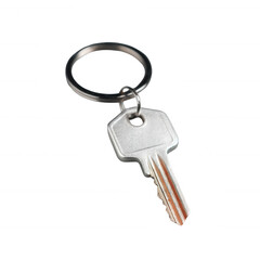A close-up image of a single metal key attached to a keychain, displayed on a white isolated background. Perfect for depicting security and access.