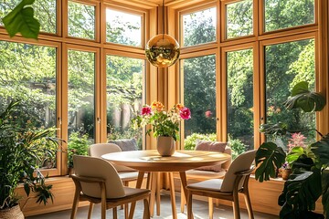 A bright and airy dining nook filled with plants and bathed in natural light