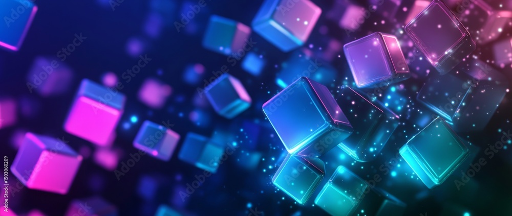 Poster colorful neon cubes floating in a virtual space with sparkling lights during a futuristic digital di