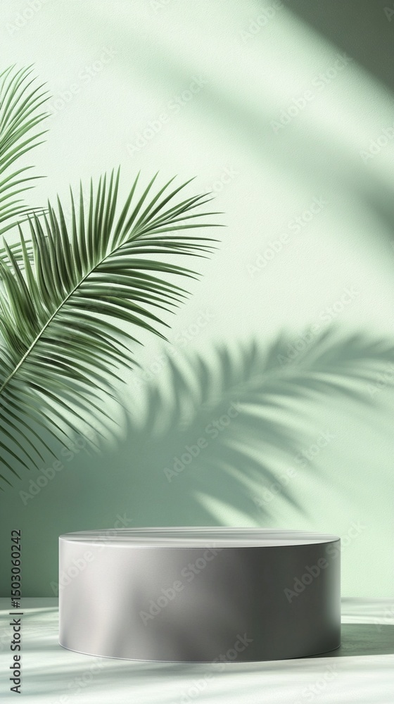 Poster minimalist product display with soft green backdrop featuring elegant palm leaf casting delicate sha