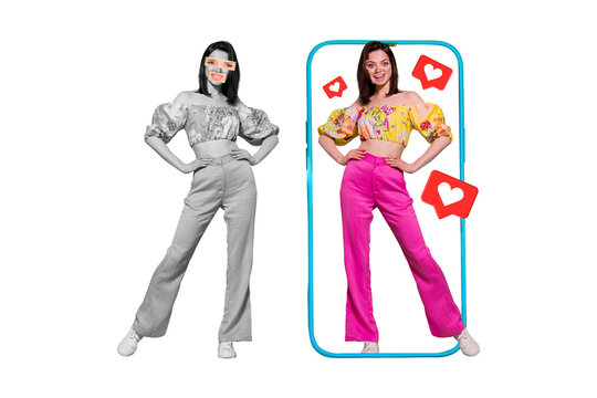 Poster banner collage of lady blogger using creative tik tok instagram effect mask compare pictures before after