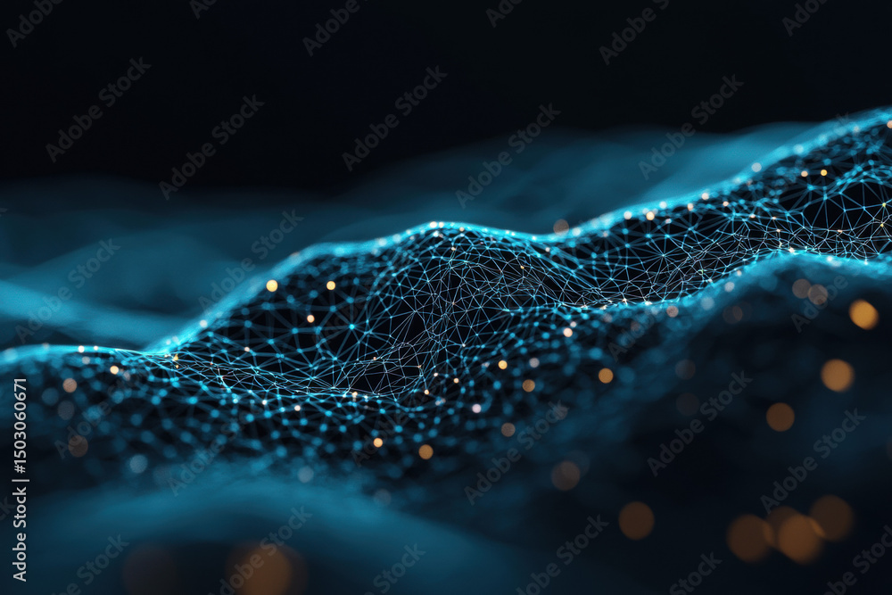 Poster digital wireframe landscape with glowing data points, abstract network visualization, futuristic eco