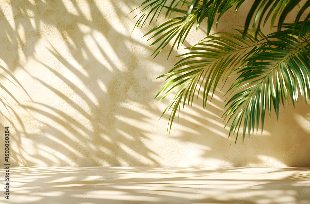 Poster abstract background of beige color with sun rays and shadows from palm leaves on the wall, 3d render