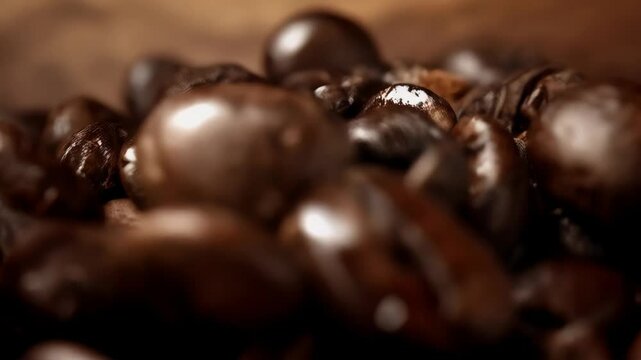 Close-up of Rich Dark Roasted Coffee Beans on a Warm Brown Surface, Perfect for Coffee Lovers and Caf&eacute; Concepts