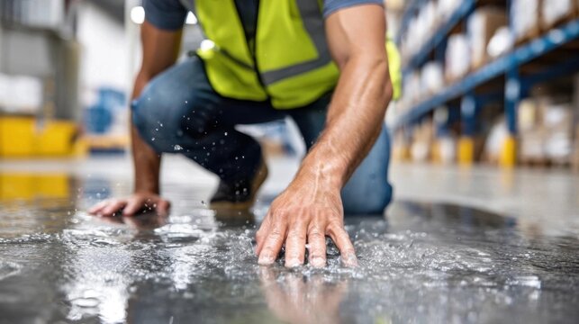Worker checks water spill on warehouse floor, close-up view of hand touching spilled water.