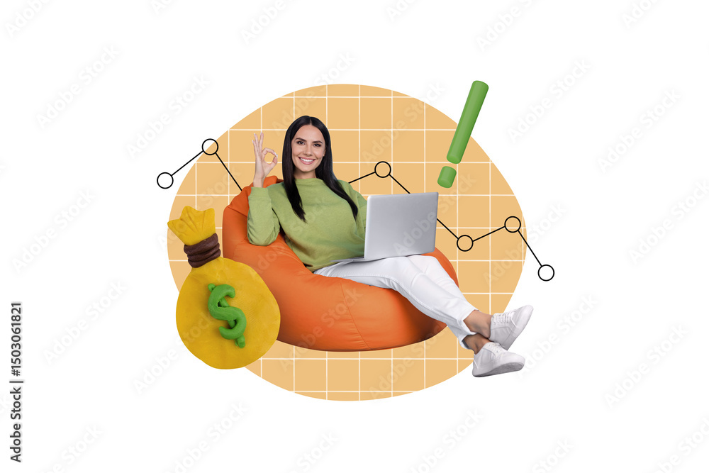 Poster Creative template collage of business lady trader using netbook online banking cryptocurrency earning
