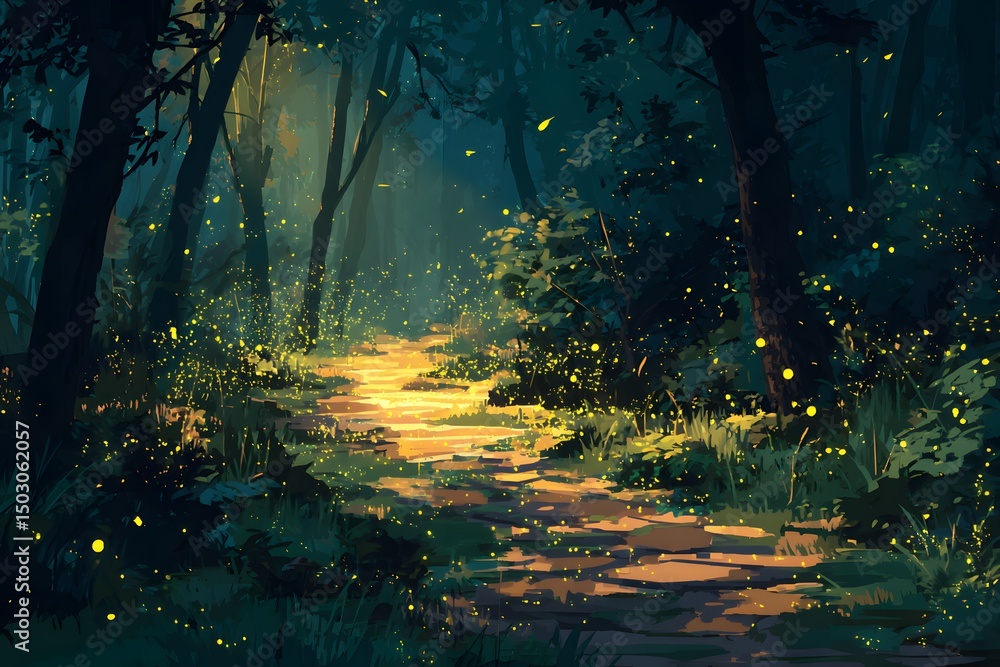Poster enchanting forest scene with fireflies lighting the path. the forest path guides the viewer into a m