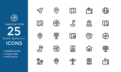 Navigation Outline Icons – Editable Vector Set of GPS, Map, Location, Route & Direction Symbols