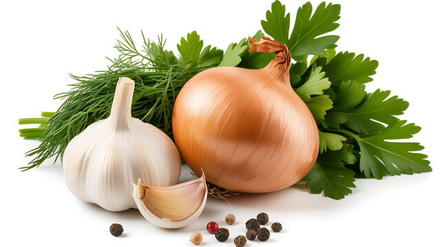 Fresh garlic onion parsley and peppercorns