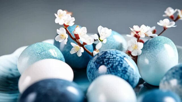 Collection of blue and white Easter eggs nestled in a textured blue bowl with flowering branches, showcasing delicate designs. - Powered by Adobe