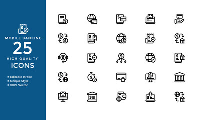 Mobile Banking Icons – Editable Line Vector Set of Money Transfer, Security, Loan & Finance Symbols